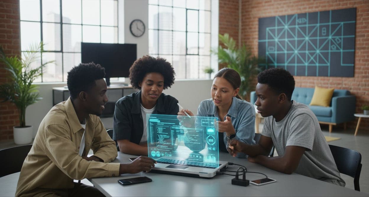 Maverick Creatives community members collaborating around a laptop